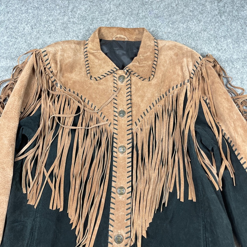VTG Bob Mackie Wearable Art Suede Leather Jacket Black Tan Fringe Whipstitch Med - Picture 3 of 9